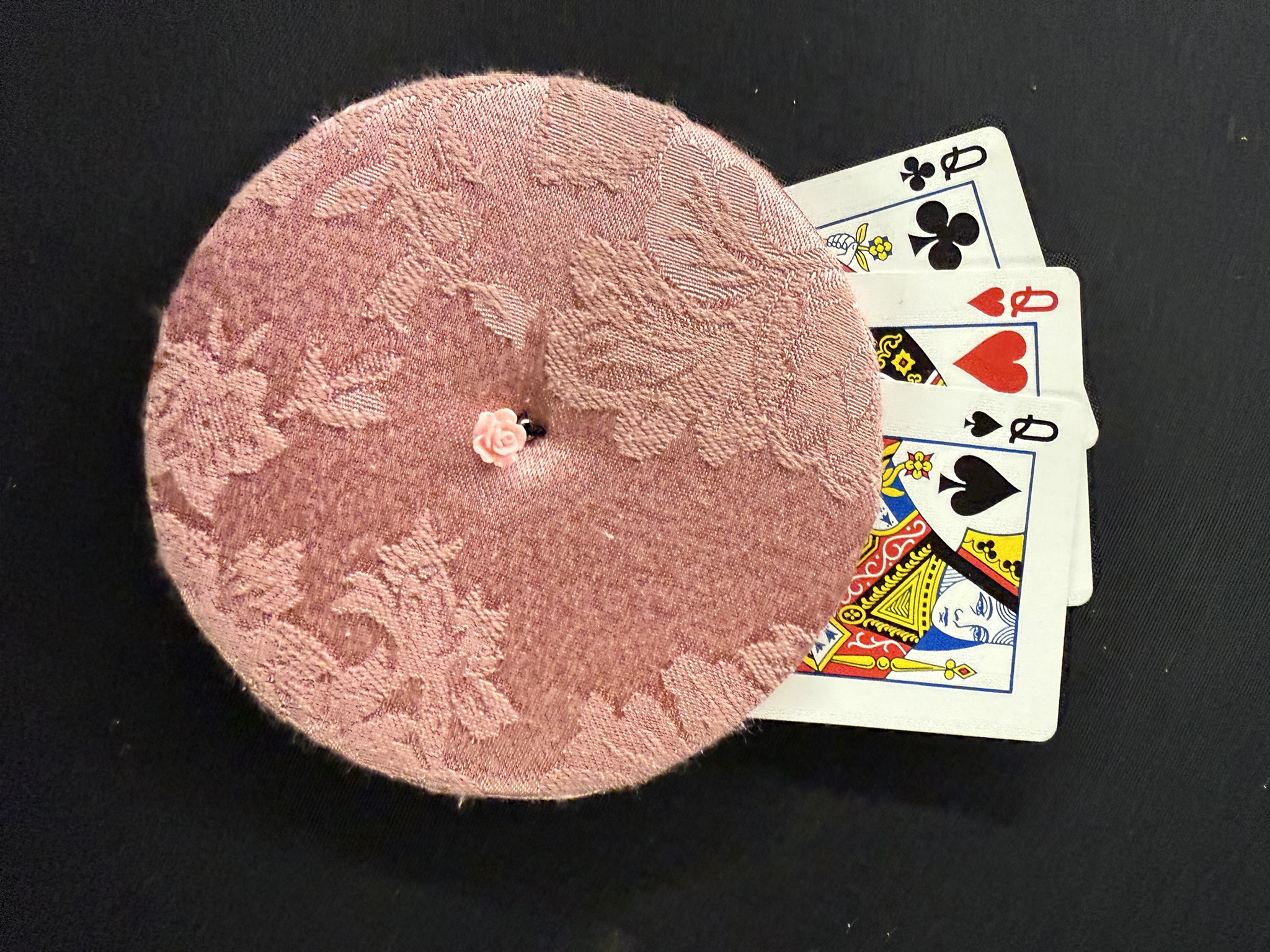 muted pink playing cards holder with pink rose charm