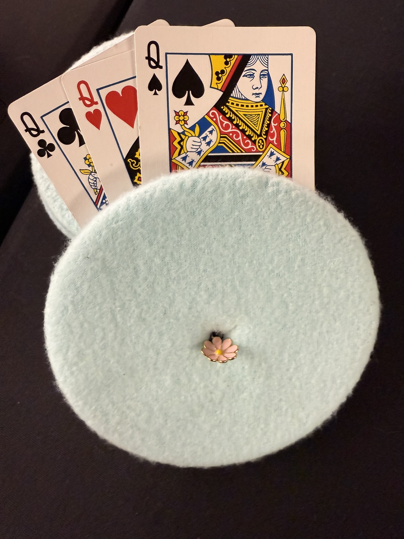 turquoise playing cards holder with pink flower charm