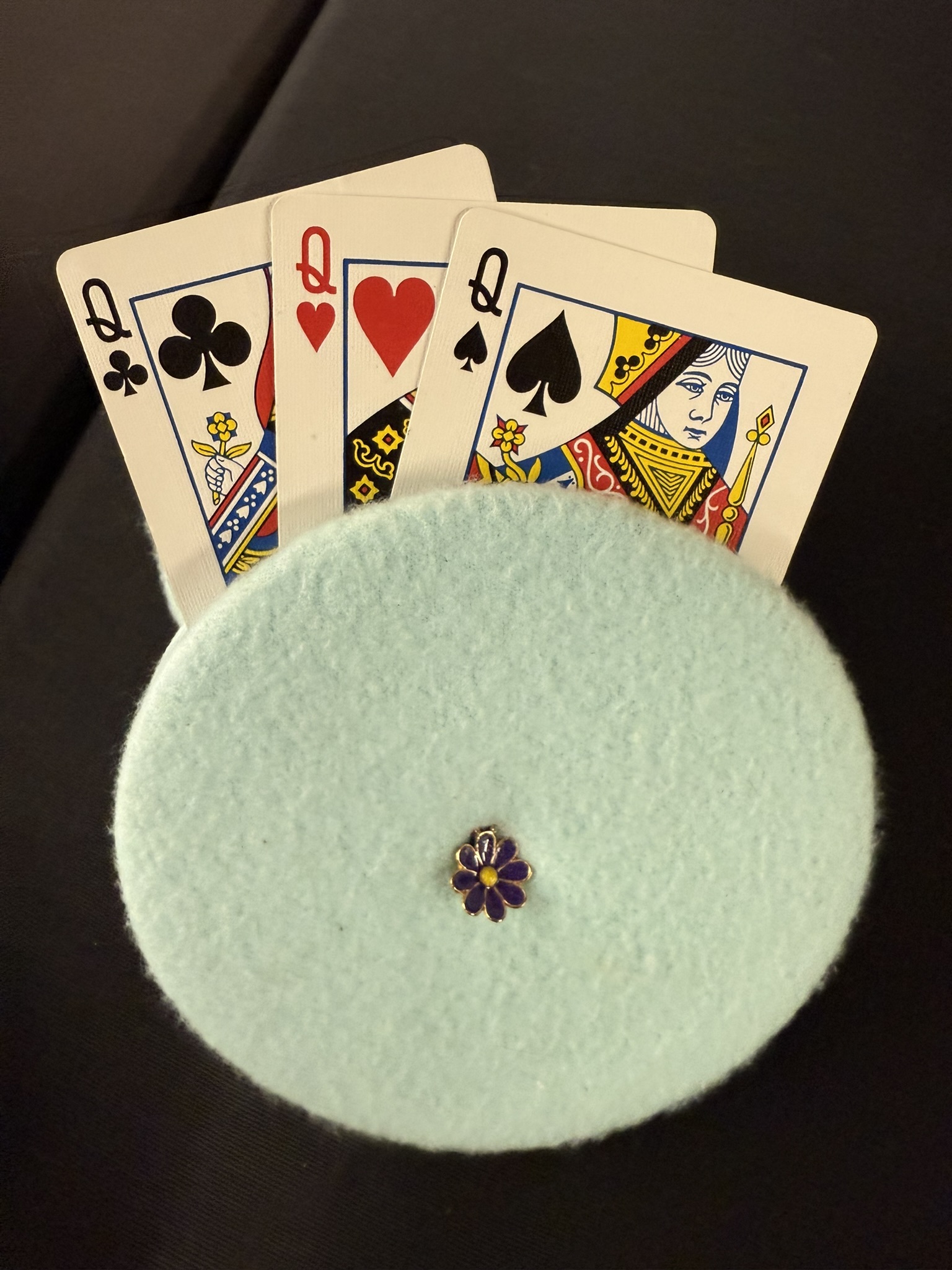 turquoise playing cards holder with purple flower charm