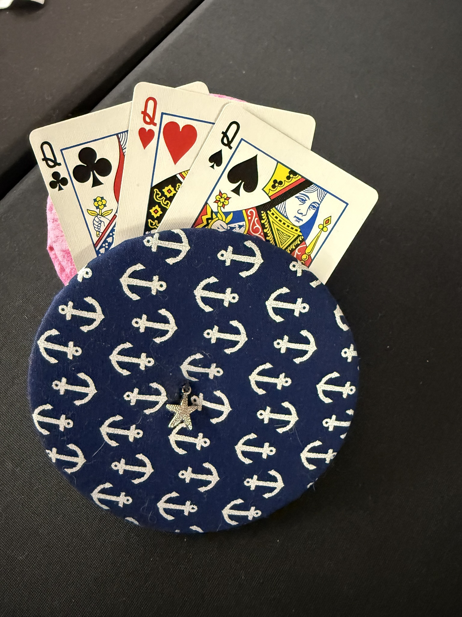 navy and white anchor pattern playing cards holder with starfish charm