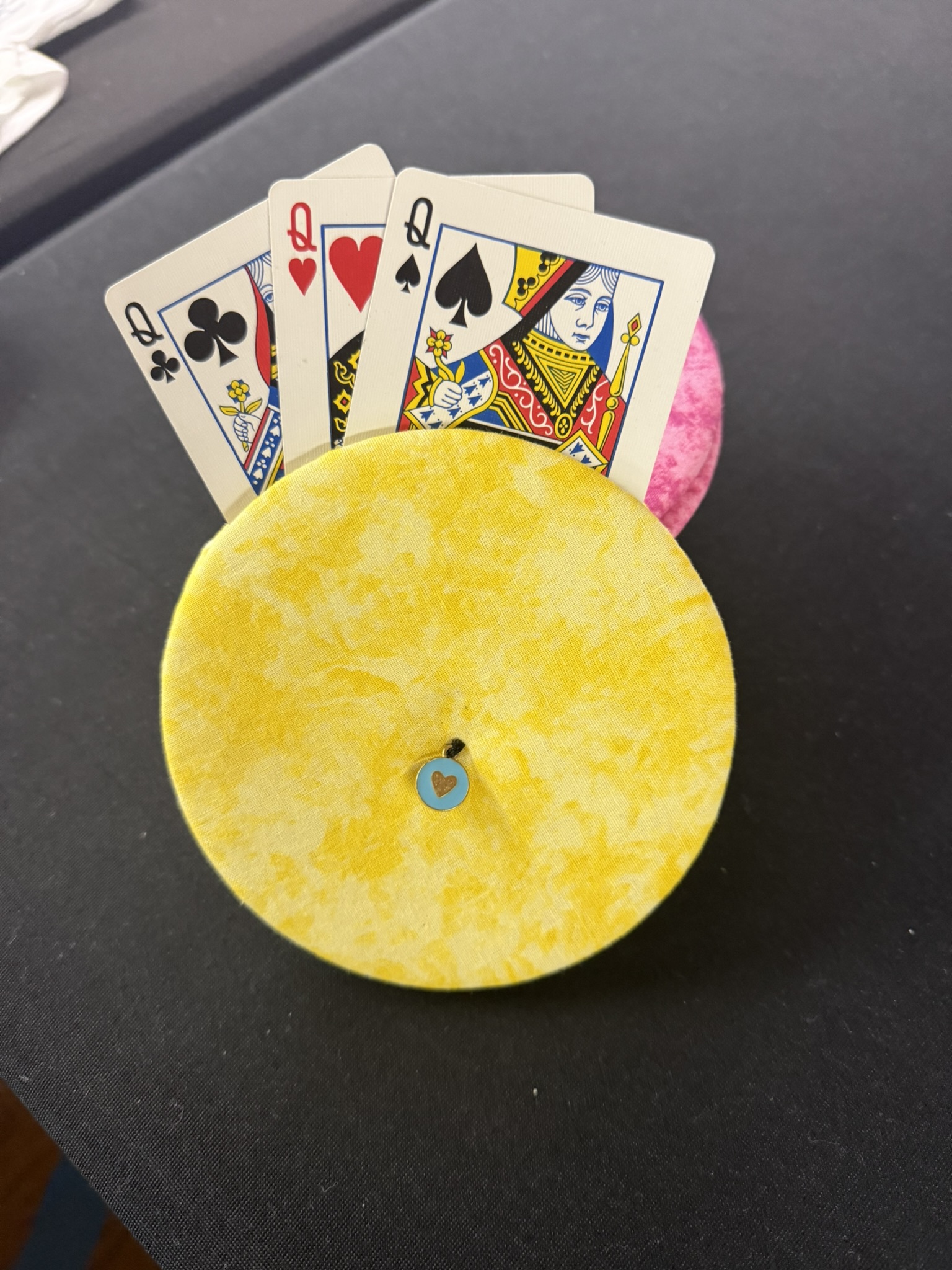 yellow playing cards holder with blue heart charm