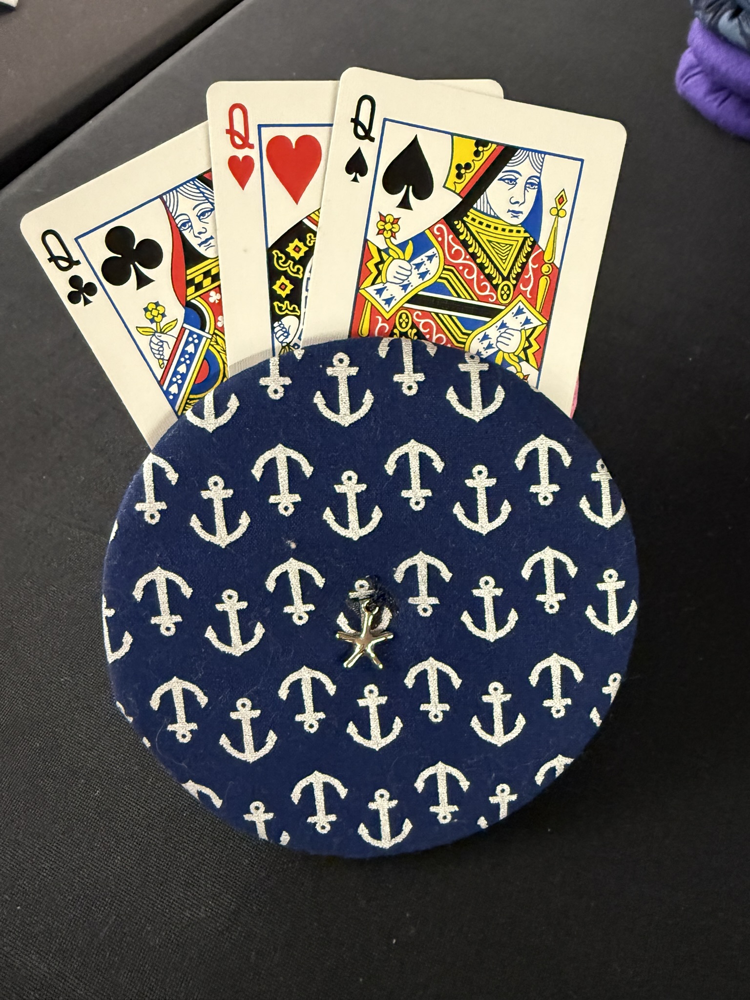 navy and white anchor pattern playing cards holder with star charm