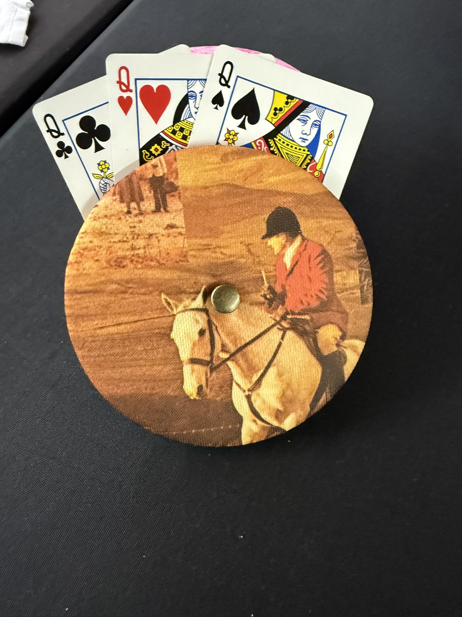 horse rider playing cards holder with button