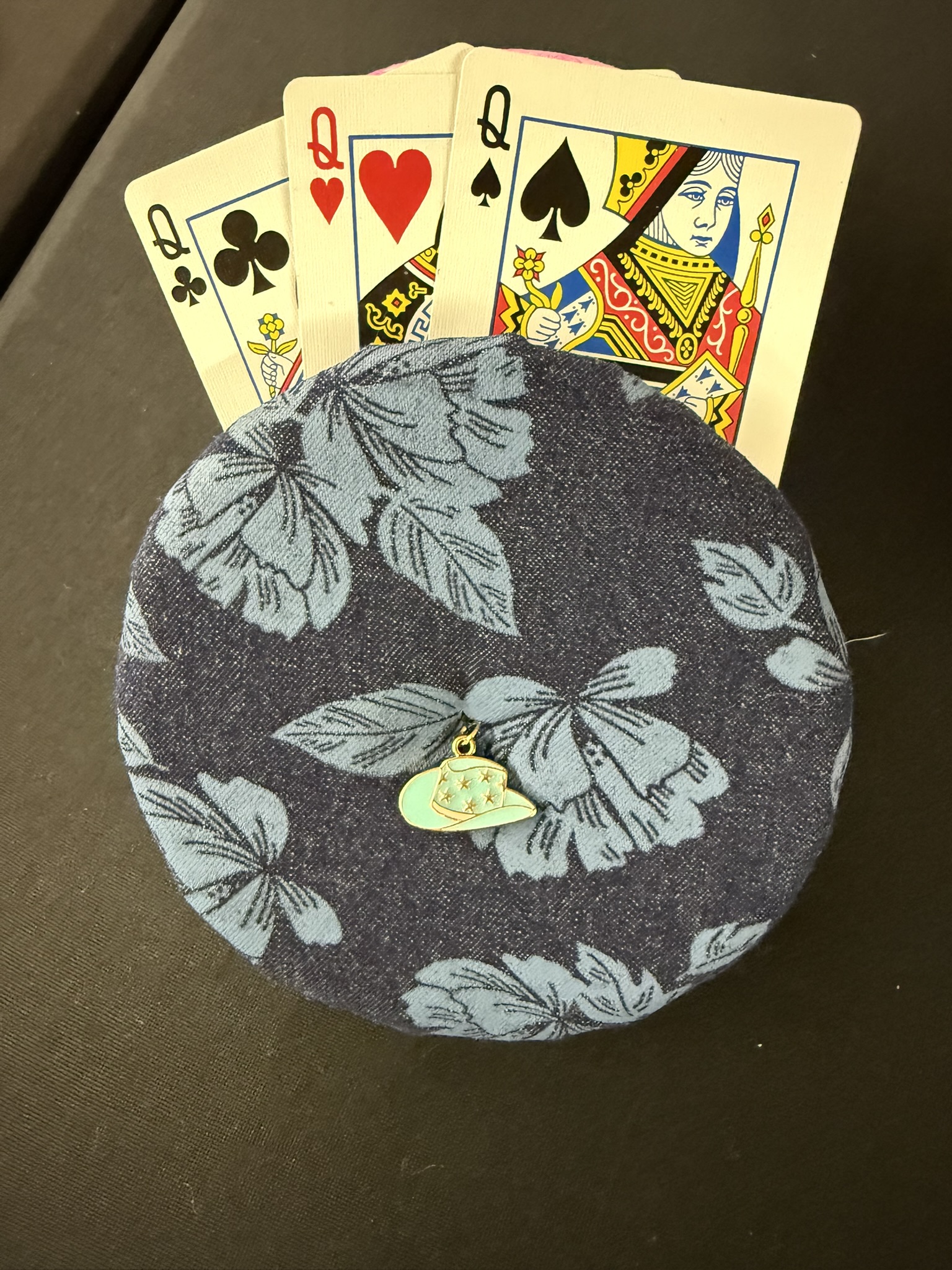 blue floral playing cards holder with mint green cowboy hat charm
